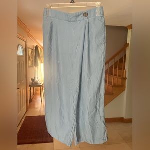 Zara Blue Chambray Asymmetric Front Wide Leg Pants